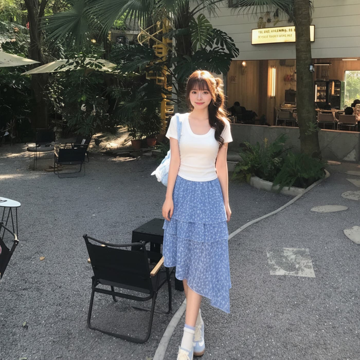 부드러운 바람 파란색 꽃무늬 불규칙 반신 스커트 여성 하이웨이스트 슬림해 보이는 한 마디 케이크 드레스 휴가 바람 이미지 3