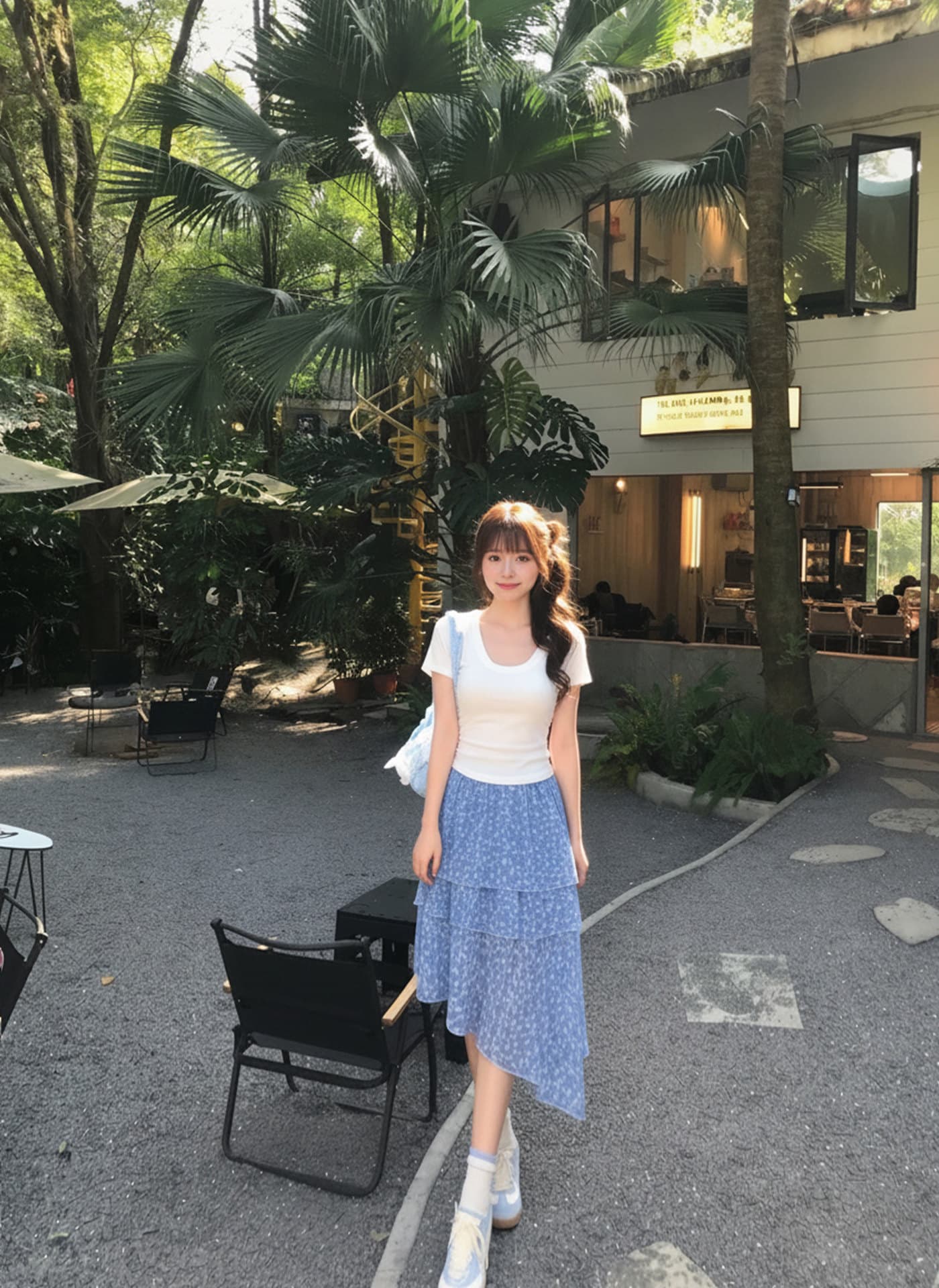 부드러운 바람 파란색 꽃무늬 불규칙 반신 스커트 여성 하이웨이스트 슬림해 보이는 한 마디 케이크 드레스 휴가 바람 상세 이미지 3