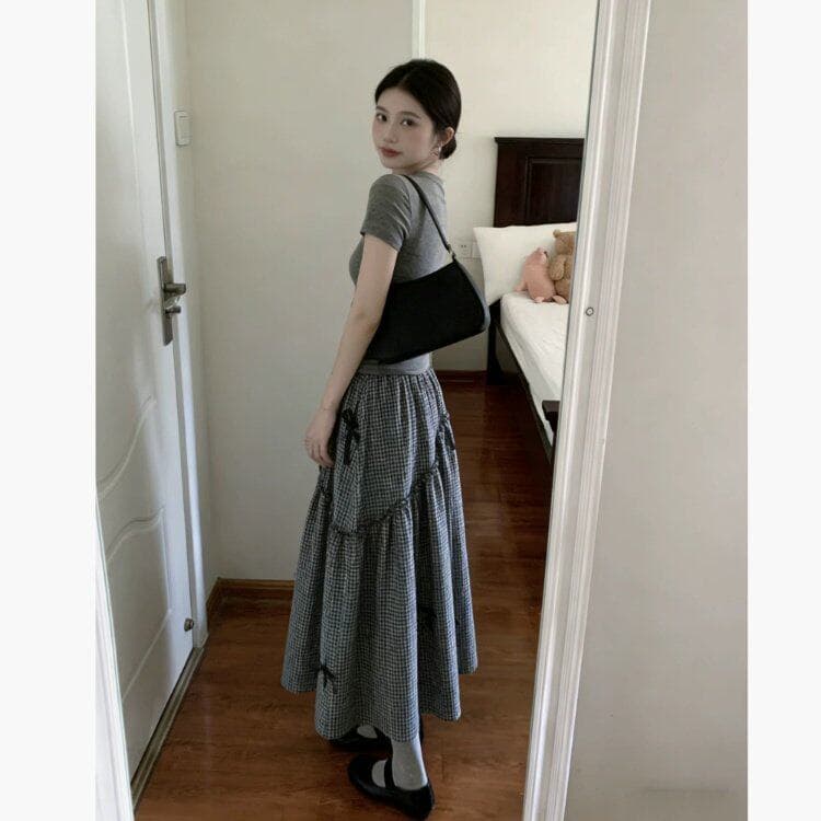 면 린넨 체크무늬 한 마디 반신 스커트 여성 코디 회색 반팔 티셔츠 맨위 투피스 세트 상세 이미지 5
