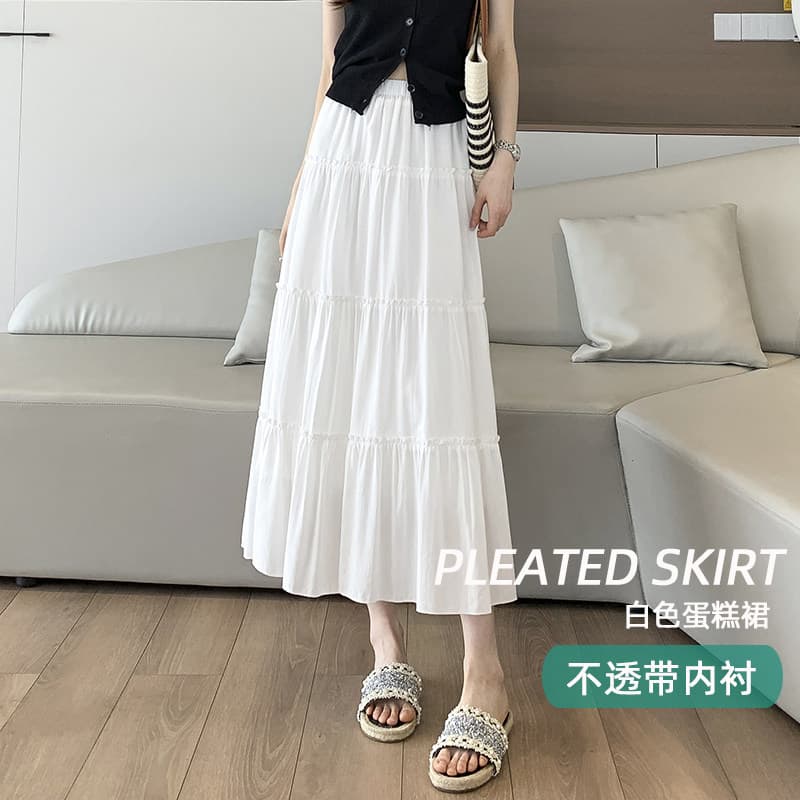 부드러운 바람 품격 화이트 반신 스커트 여성 봄 여름 허리 수축 슬림해 보이는 대 치마 플리츠 케이크 드레스 한 마디 중간 길이 스커트