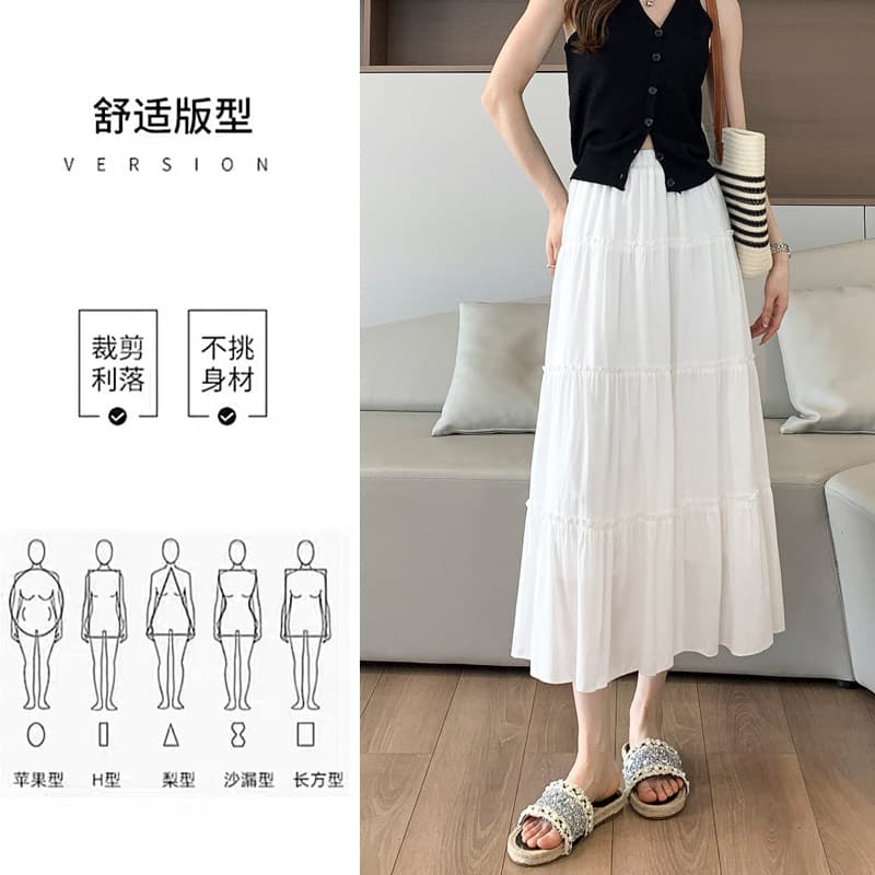 부드러운 바람 품격 화이트 반신 스커트 여성 봄 여름 허리 수축 슬림해 보이는 대 치마 플리츠 케이크 드레스 한 마디 중간 길이 스커트 이미지 2