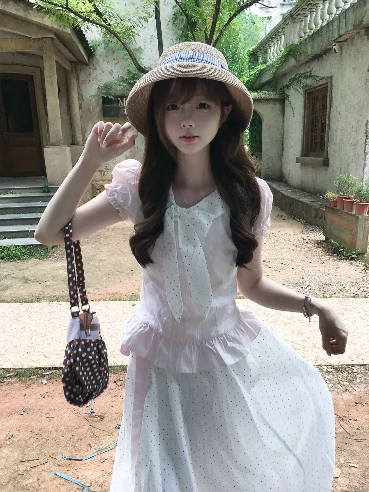 한 부서 화이트 도트 무늬 꽃밭 반신 스커트 허리밴드 다용도 슬림해 보이는 작은 키 중간 길이 스커트 상세 이미지 3
