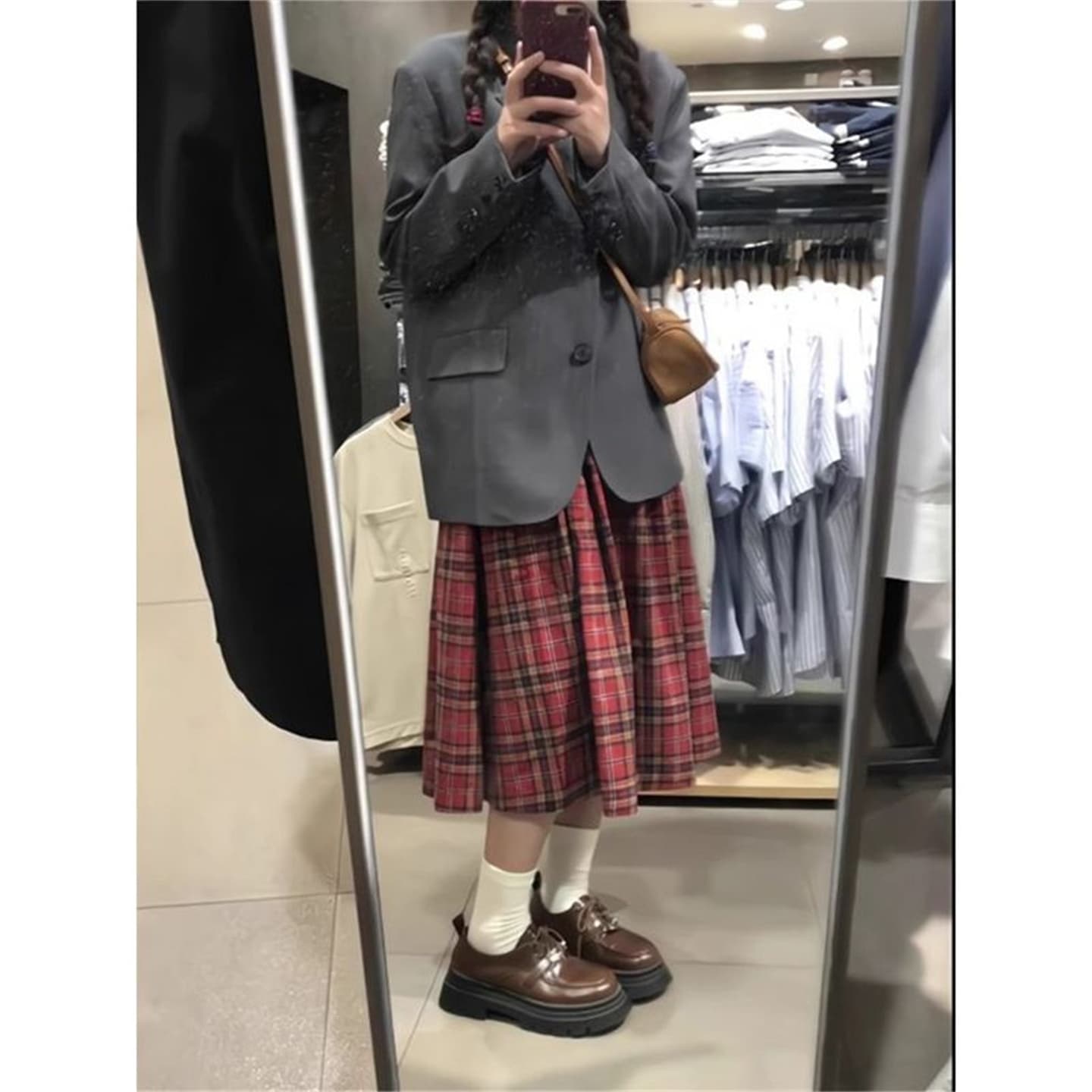 레트로 체크무늬 반신 스커트 여성 가을 우산 치마 학원 빨간색 체크무늬 한 마디 중간 길이 스커트