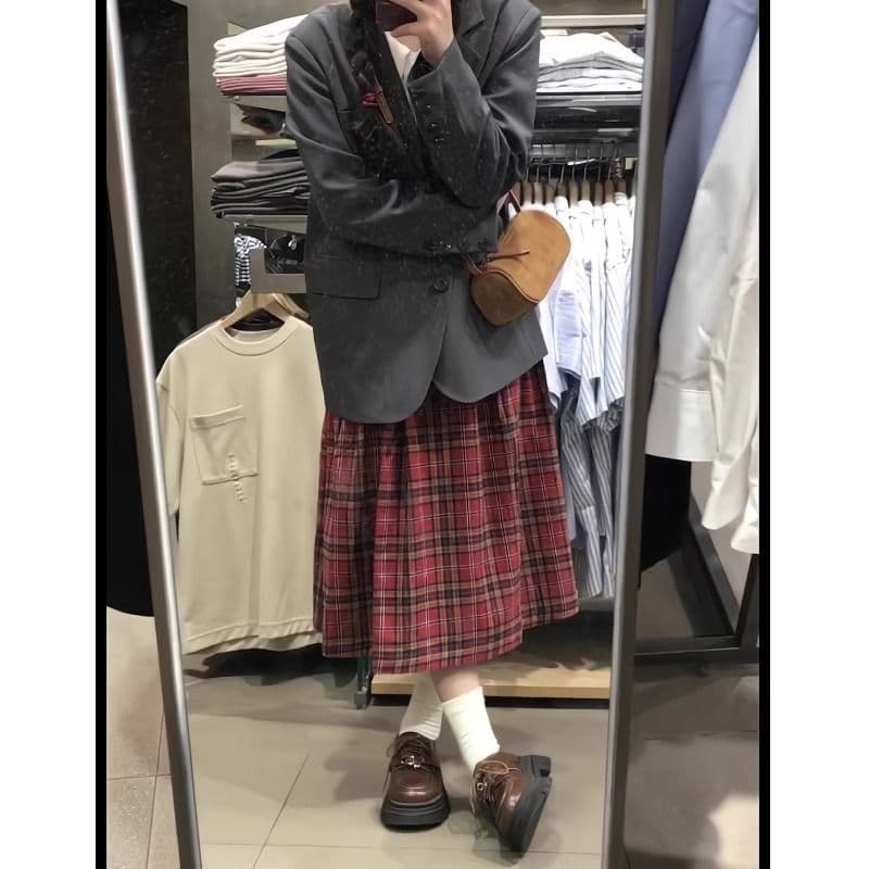 레트로 체크무늬 반신 스커트 여성 가을 우산 치마 학원 빨간색 체크무늬 한 마디 중간 길이 스커트 상세 이미지 2