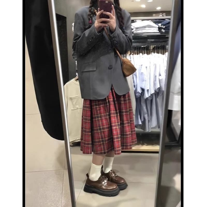 레트로 체크무늬 반신 스커트 여성 가을 우산 치마 학원 빨간색 체크무늬 한 마디 중간 길이 스커트 상세 이미지 5