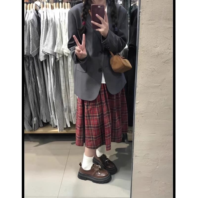 레트로 체크무늬 반신 스커트 여성 가을 우산 치마 학원 빨간색 체크무늬 한 마디 중간 길이 스커트 상세 이미지 6