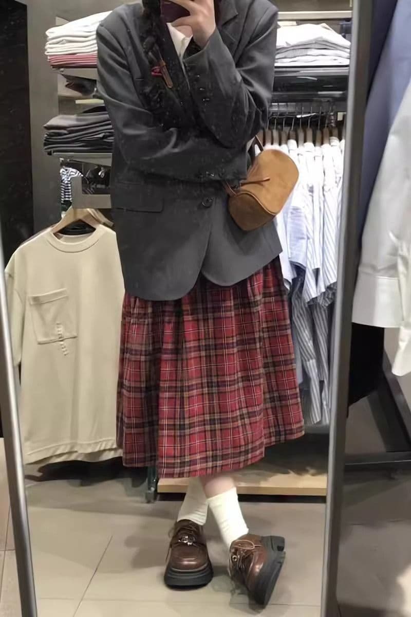 레트로 체크무늬 반신 스커트 여성 가을 우산 치마 학원 빨간색 체크무늬 한 마디 중간 길이 스커트 상세 이미지 7