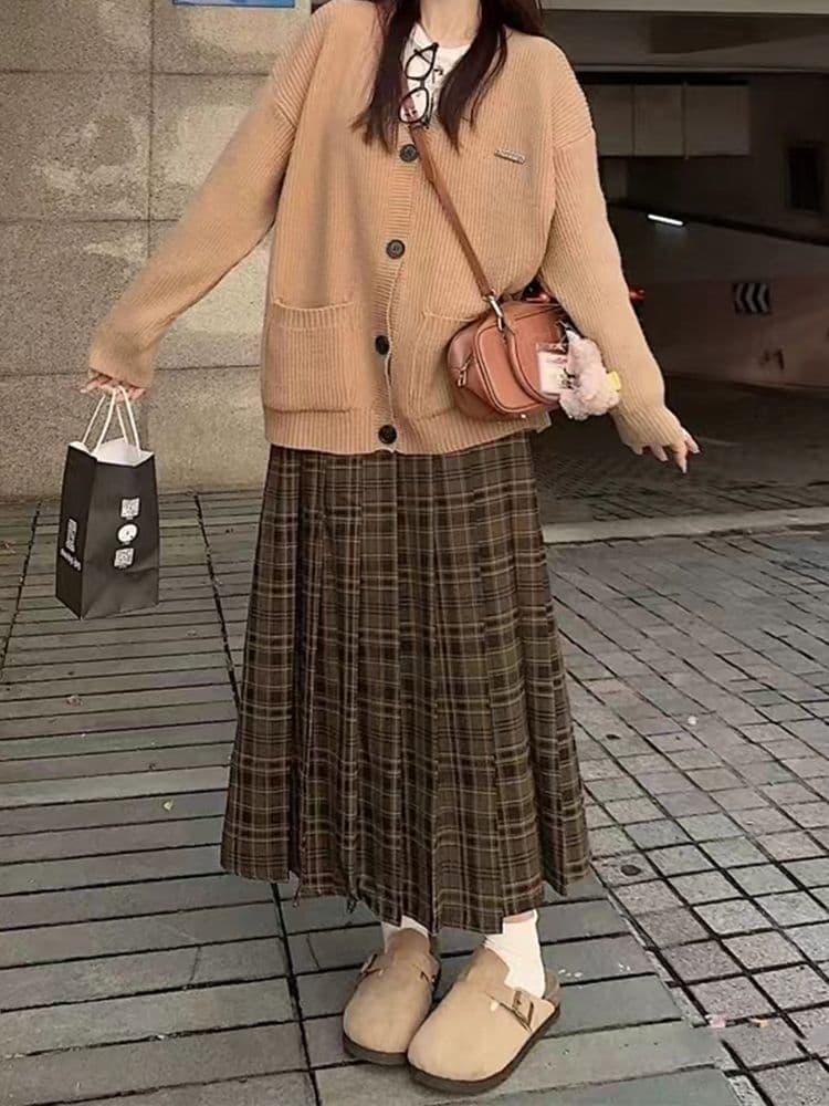 아메리칸 레트로 브라운 체크무늬 반신 스커트 여성 가을 겨울철 하이웨이스트 중간 길이 한 마디 배색 다용도 중간 길이 스커트 상세 이미지 2