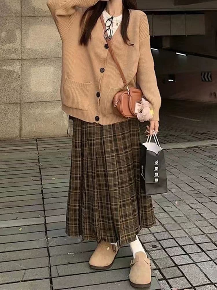 아메리칸 레트로 브라운 체크무늬 반신 스커트 여성 가을 겨울철 하이웨이스트 중간 길이 한 마디 배색 다용도 중간 길이 스커트 상세 이미지 3