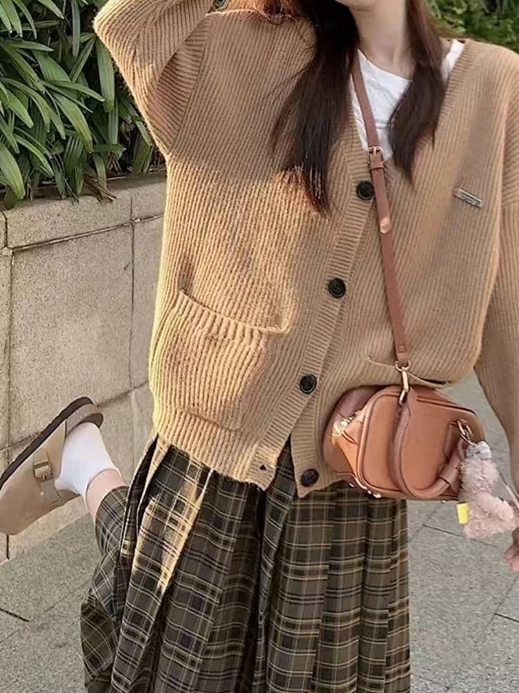 아메리칸 레트로 브라운 체크무늬 반신 스커트 여성 가을 겨울철 하이웨이스트 중간 길이 한 마디 배색 다용도 중간 길이 스커트 상세 이미지 4