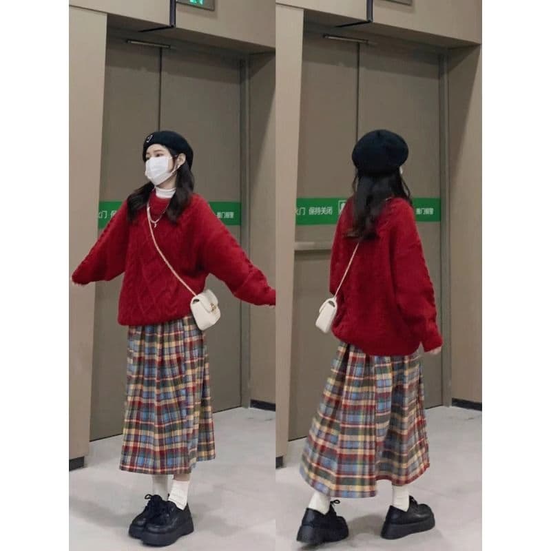 일본식 가을 겨울 작은 키 색상 체크무늬 모직 반신 스커트 플리츠 스커트 중간 길이 레트로 상세 이미지 2