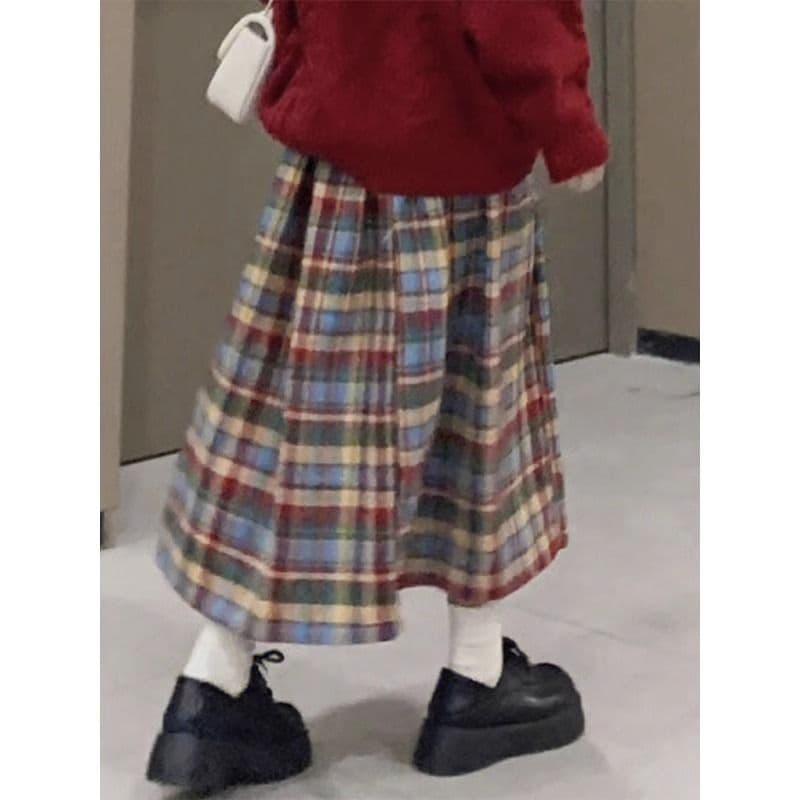 일본식 가을 겨울 작은 키 색상 체크무늬 모직 반신 스커트 플리츠 스커트 중간 길이 레트로 상세 이미지 3