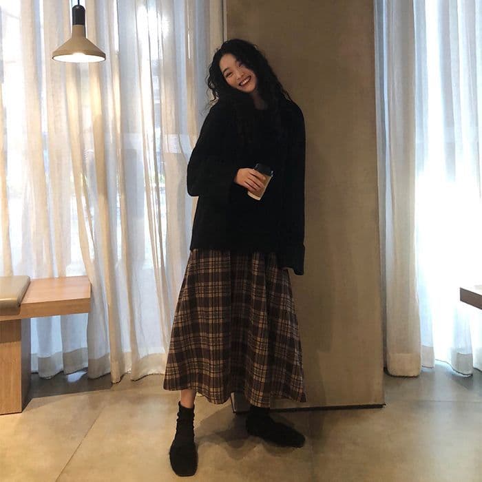 하이웨이스트 슬림해 보이는 레트로 체크무늬 중 롱 스커트 여성 봄 가을 새로운 루즈핏 표지 고기 한 바람 일본식 학원 스타일 반신 스커트 상세 이미지 11