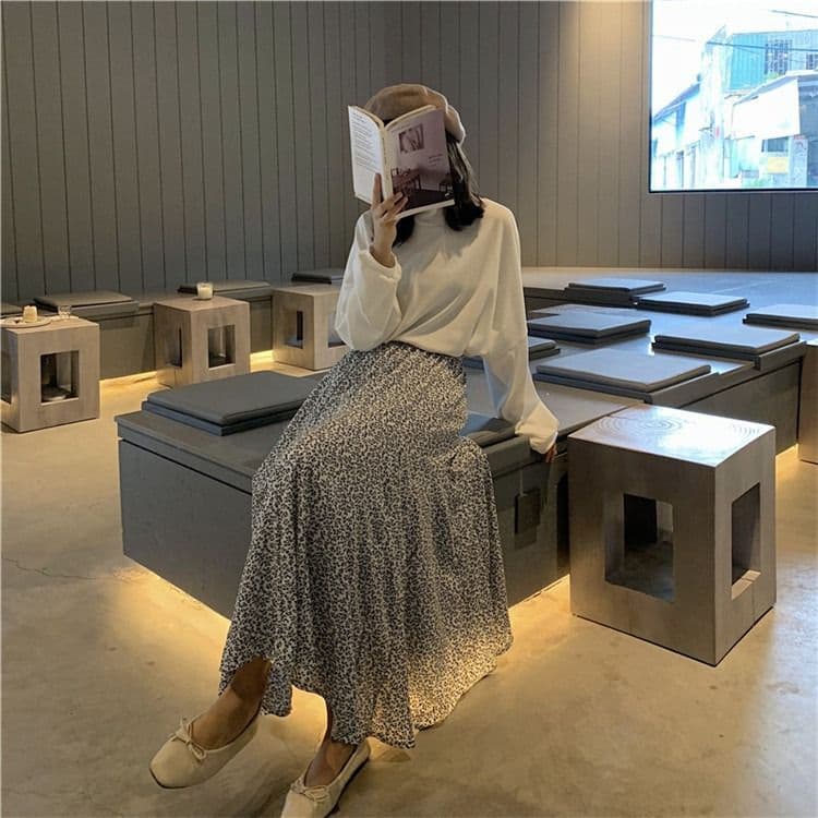 꽃무늬 레트로 큰 진자 반신 스커트 여성 봄과 가을 한국 스타일 허리밴드 학원 스타일 한 마디 우산 치마 학원 스타일 롱 스커트 상세 이미지 2