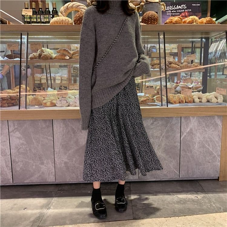 꽃무늬 레트로 큰 진자 반신 스커트 여성 봄과 가을 한국 스타일 허리밴드 학원 스타일 한 마디 우산 치마 학원 스타일 롱 스커트 상세 이미지 12