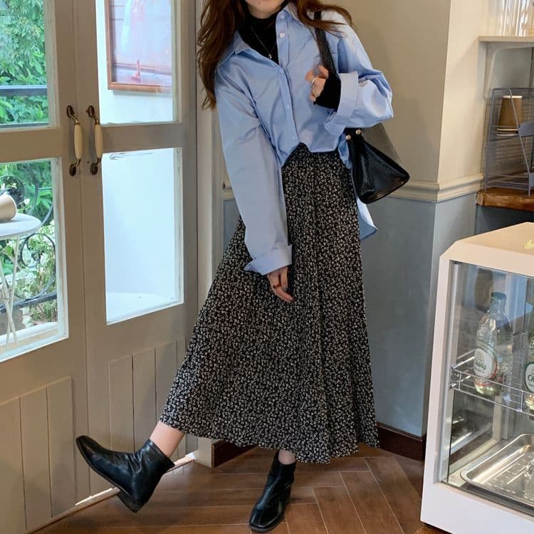 꽃무늬 레트로 큰 진자 반신 스커트 여성 봄과 가을 한국 스타일 허리밴드 학원 스타일 한 마디 우산 치마 학원 스타일 롱 스커트 상세 이미지 7