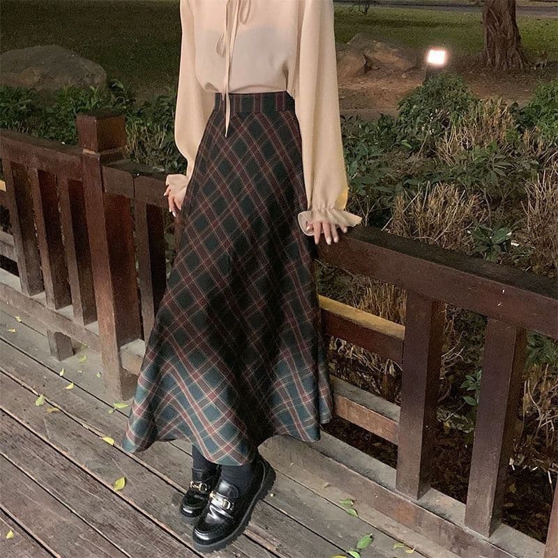 아메리칸 레트로 체크무늬 큰 진자 반신 스커트 봄 가을 새로운 학원 스타일 품격 한국 스타일 A라인 스커트 상세 이미지 3