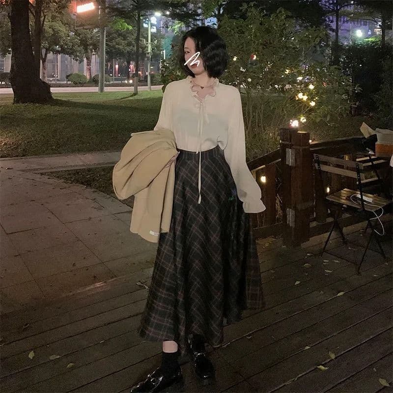 아메리칸 레트로 체크무늬 큰 진자 반신 스커트 봄 가을 새로운 학원 스타일 품격 한국 스타일 A라인 스커트 상세 이미지 5