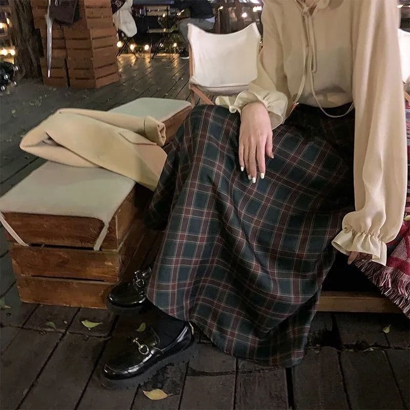 아메리칸 레트로 체크무늬 큰 진자 반신 스커트 봄 가을 새로운 학원 스타일 품격 한국 스타일 A라인 스커트 상세 이미지 6