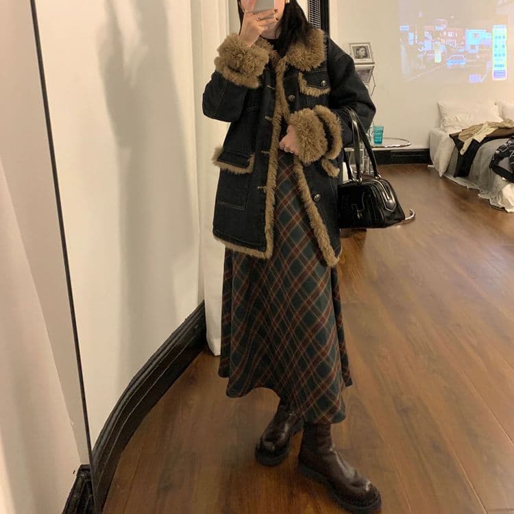 아메리칸 레트로 체크무늬 큰 진자 반신 스커트 봄 가을 새로운 학원 스타일 품격 한국 스타일 A라인 스커트 상세 이미지 18
