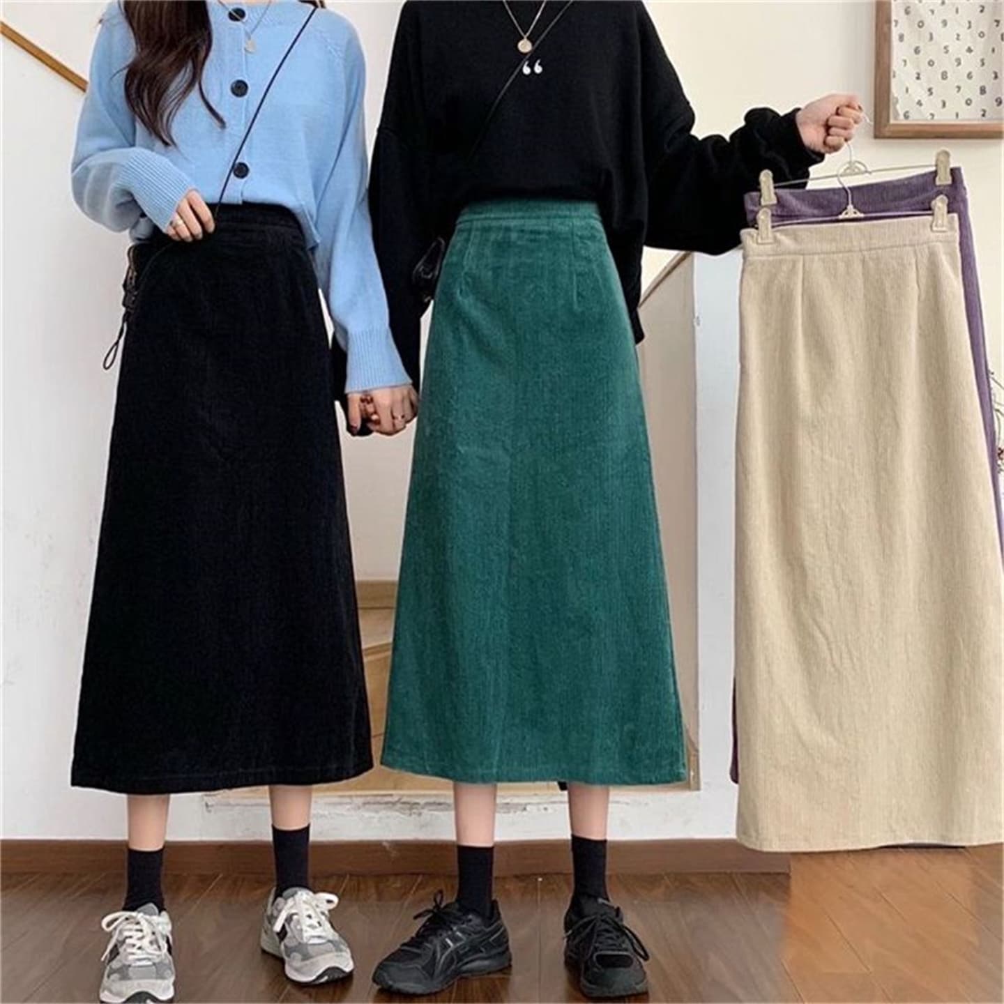 한국 스타일 보라색 코듀로이 반신 스커트 가을 겨울 새로운 레트로 슬림해 보이는 중간 길이 스커트 A라인 스커트 녹색 타이트 스커트 치마