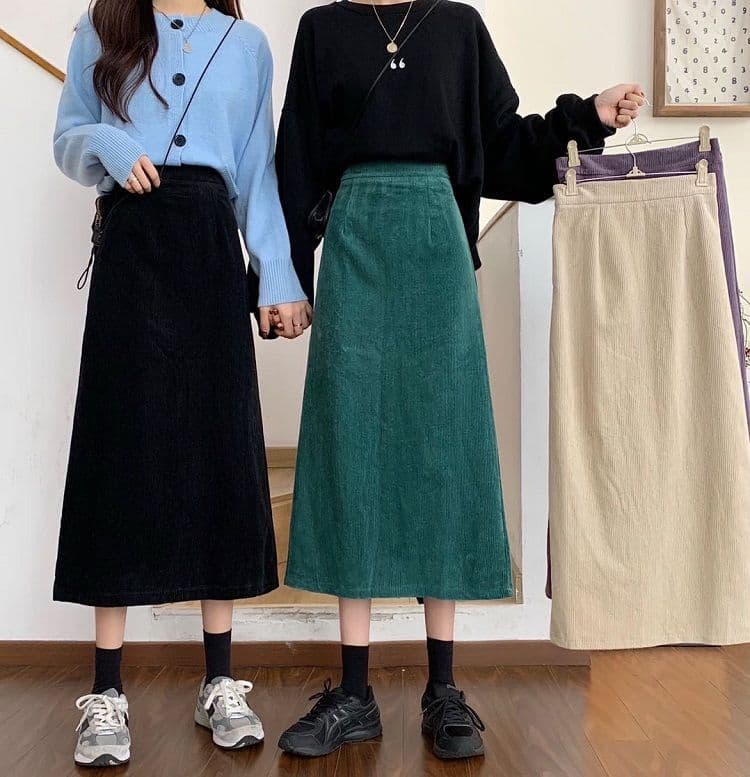 한국 스타일 보라색 코듀로이 반신 스커트 가을 겨울 새로운 레트로 슬림해 보이는 중간 길이 스커트 A라인 스커트 녹색 타이트 스커트 치마 상세 이미지 4