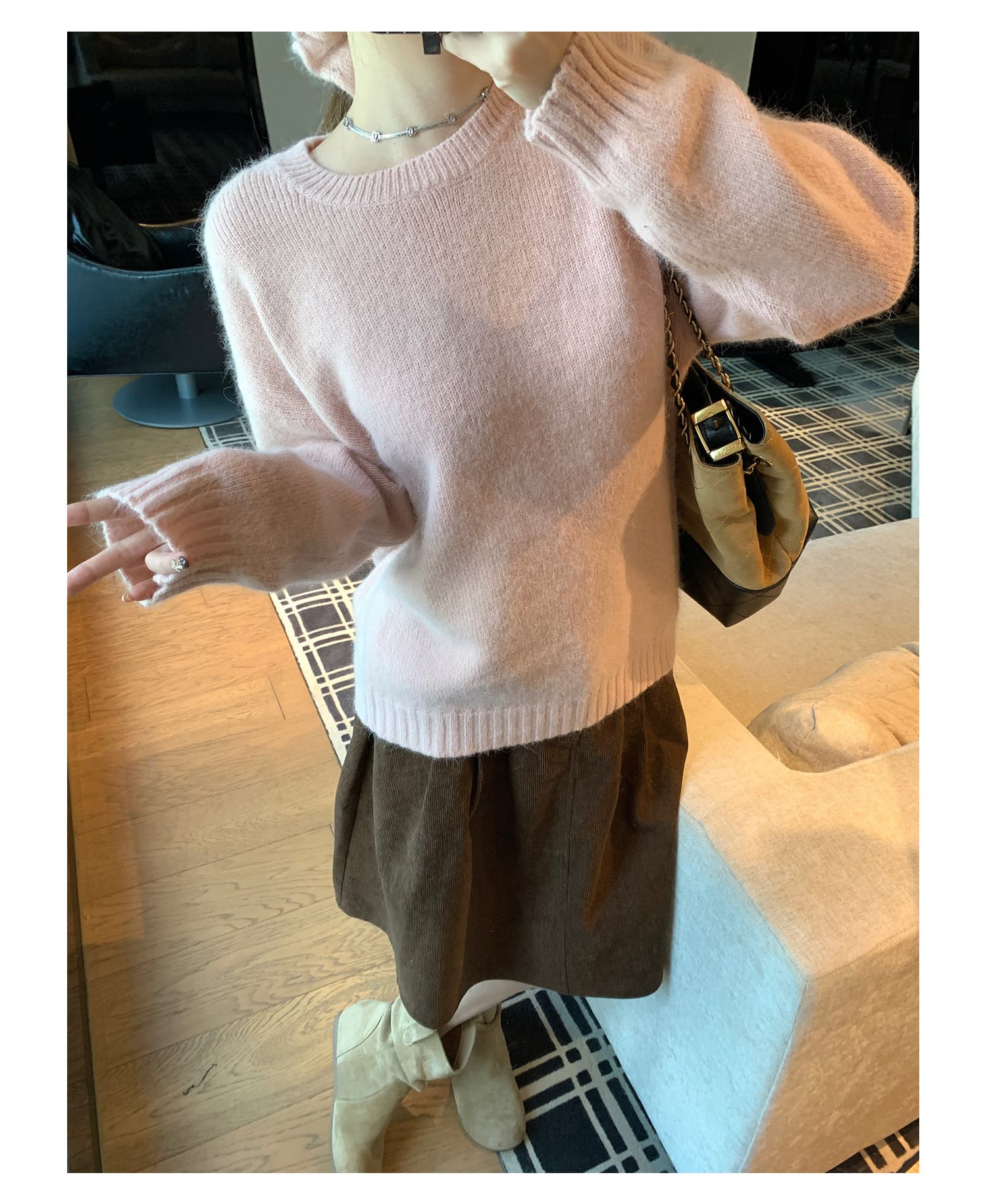 한 부서 레트로 코듀로이 Chic 하이웨이스트 슬림해 보이는 한 마디 중간 스커트 반신 스커트 가을 겨울 2026 새로운 상세 이미지 16