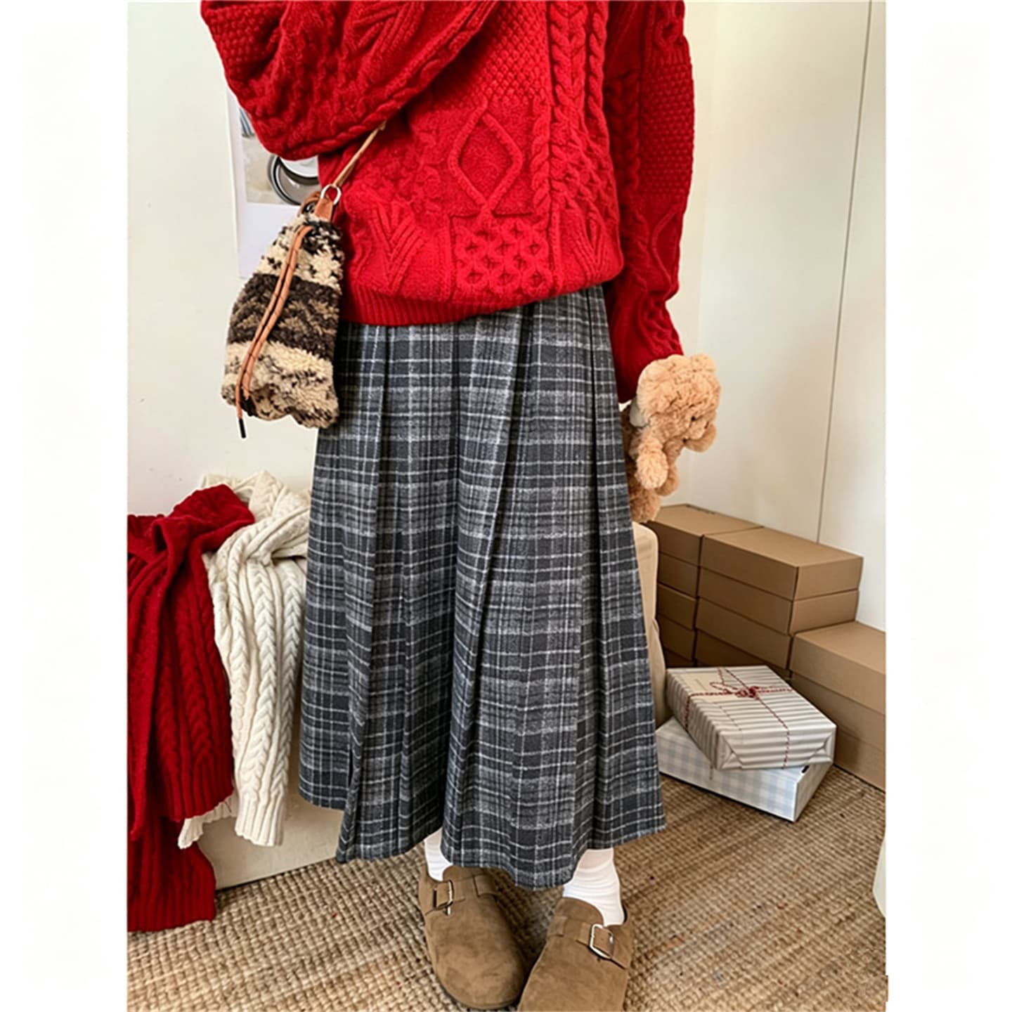 체크무늬 플리츠 롱 스커트 가을 겨울 레트로 코디 모직 체크무늬 모직 허리밴드 반신 스커트