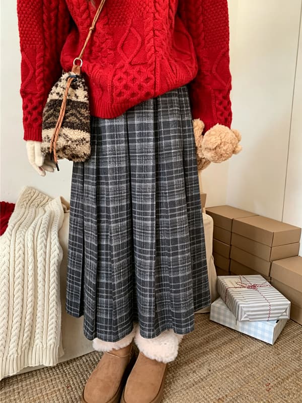 체크무늬 플리츠 롱 스커트 가을 겨울 레트로 코디 모직 체크무늬 모직 허리밴드 반신 스커트 상세 이미지 8