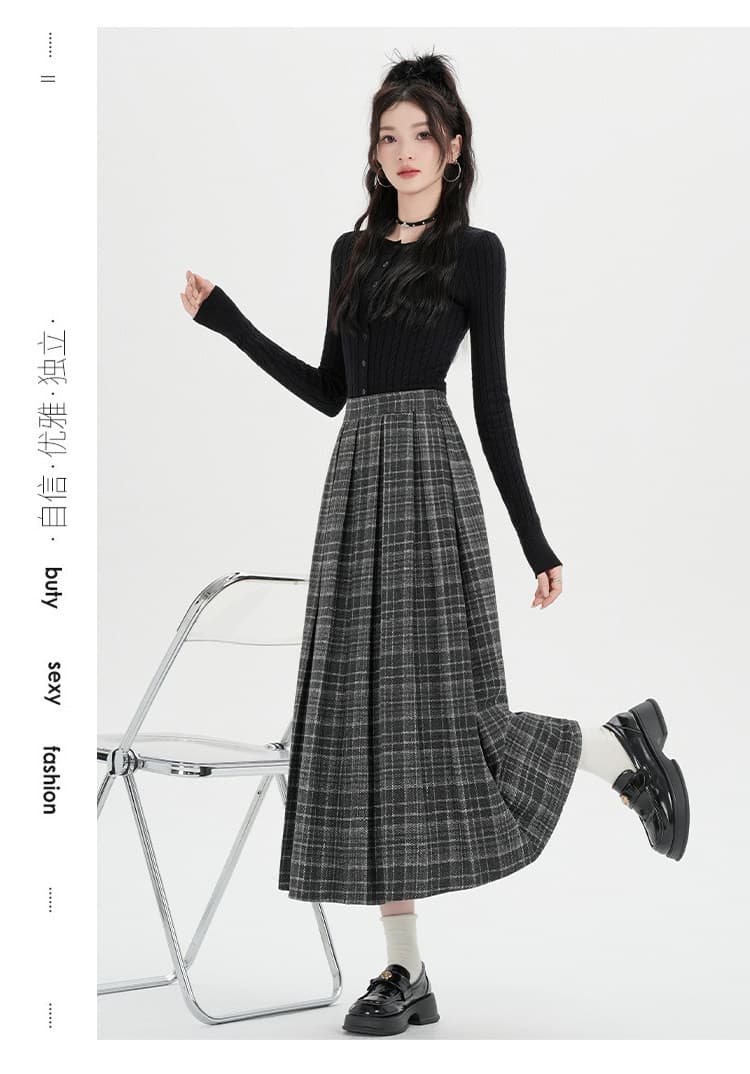 레트로 체크무늬 모직 플리츠 반신 스커트 여성 가을 겨울철 새로운 밴딩 하이웨이스트 슬림해 보이는 한 마디 대 스윙 길이 치마 상세 이미지 31