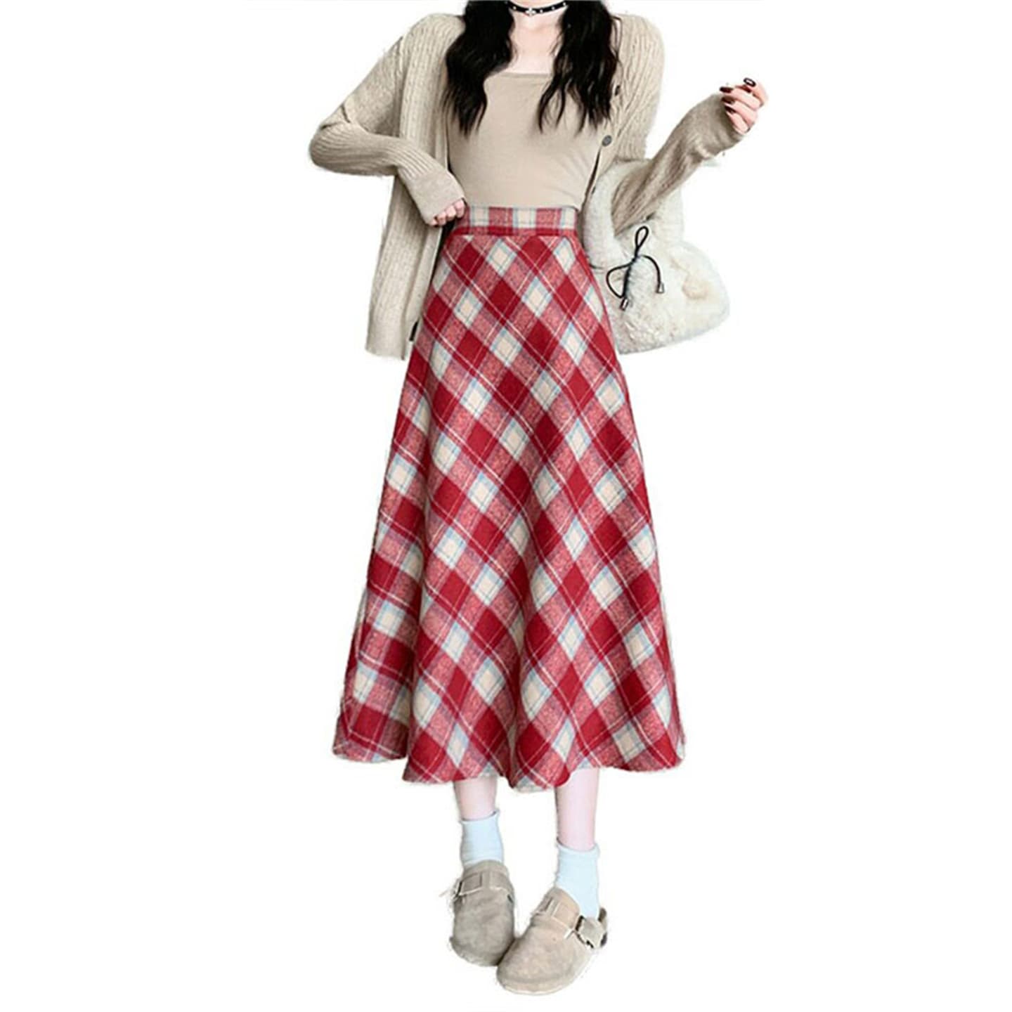 두꺼운 빨간색 체크무늬 반신 스커트 여성 가을 겨울철 새로운 하이웨이스트 표지 넓적 다리 중간 길이 한 마디 플리츠 치마 이미지 5