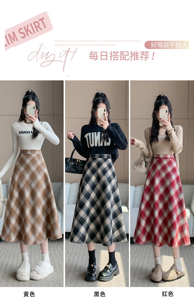 두꺼운 빨간색 체크무늬 반신 스커트 여성 가을 겨울철 새로운 하이웨이스트 표지 넓적 다리 중간 길이 한 마디 플리츠 치마 상세 이미지 3