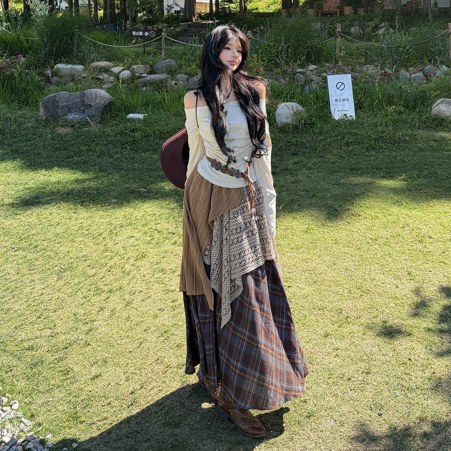 보헤미안 오프숄더 맨위 레이스 체크무늬 반신 스커트 아이들 조기 가을 초원 휴가 바람 롱 스커트 세트 이미지 5