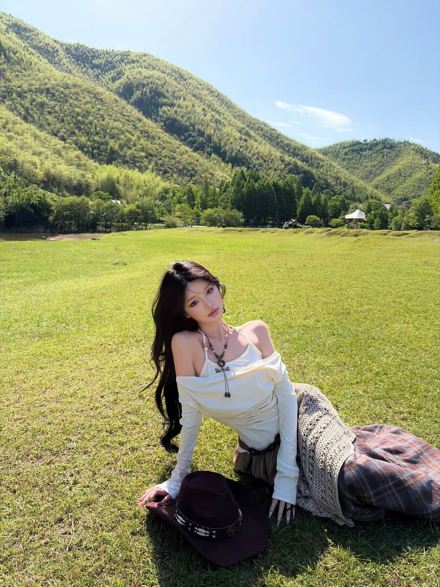 보헤미안 오프숄더 맨위 레이스 체크무늬 반신 스커트 아이들 조기 가을 초원 휴가 바람 롱 스커트 세트 상세 이미지 4
