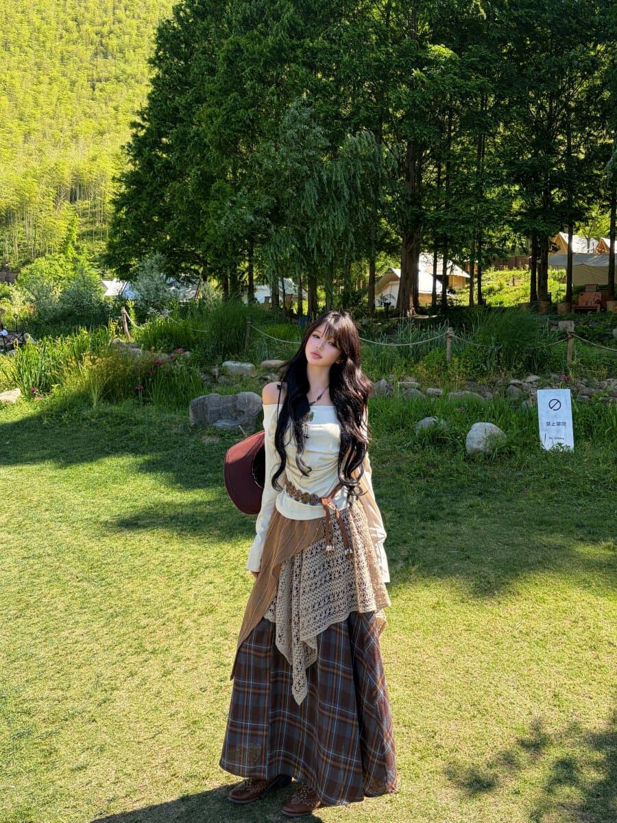 보헤미안 오프숄더 맨위 레이스 체크무늬 반신 스커트 아이들 조기 가을 초원 휴가 바람 롱 스커트 세트 상세 이미지 8