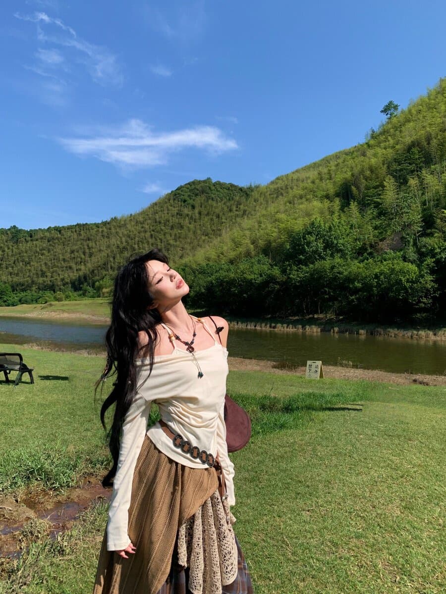 보헤미안 오프숄더 맨위 레이스 체크무늬 반신 스커트 아이들 조기 가을 초원 휴가 바람 롱 스커트 세트 상세 이미지 12