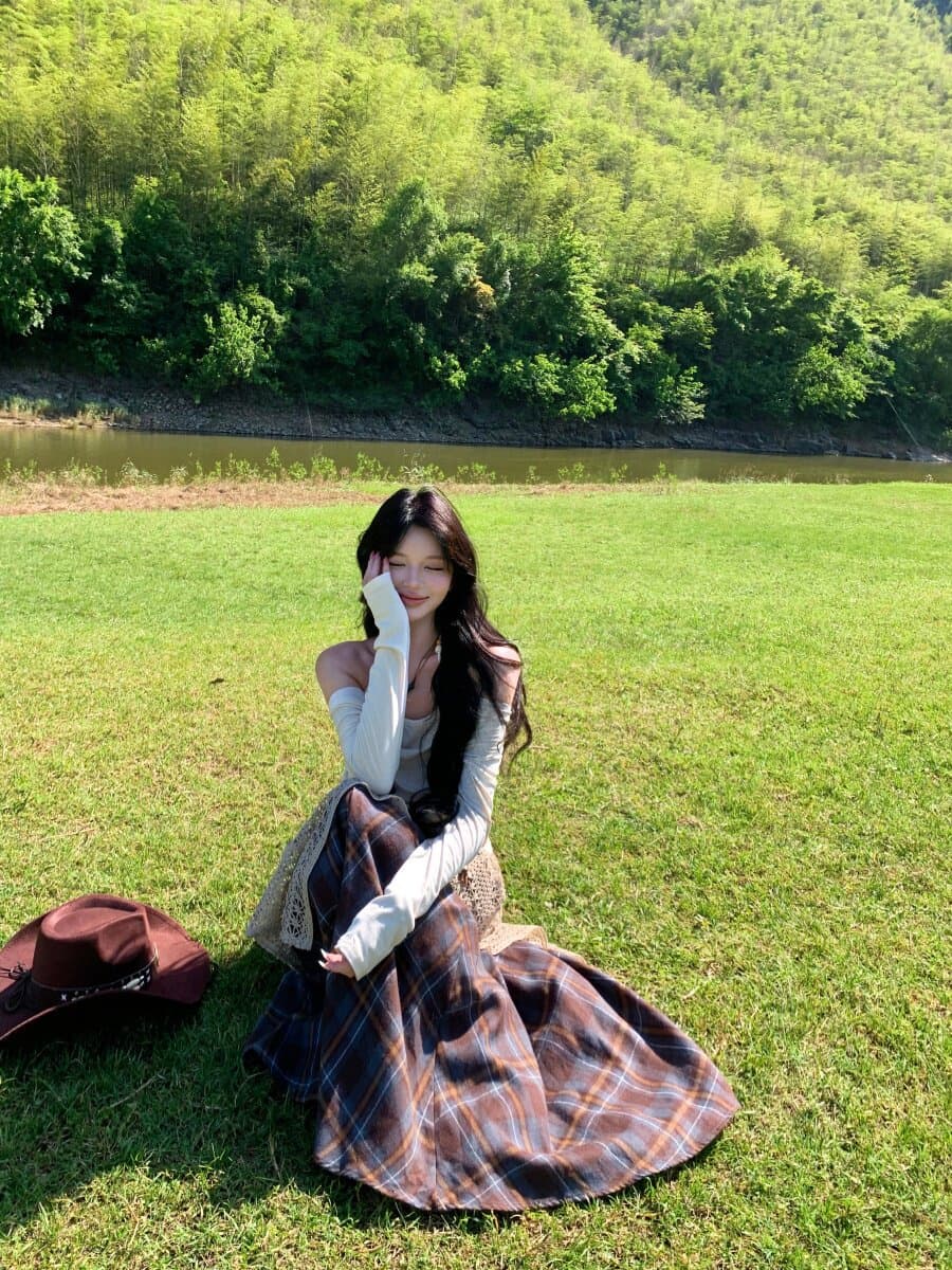 보헤미안 오프숄더 맨위 레이스 체크무늬 반신 스커트 아이들 조기 가을 초원 휴가 바람 롱 스커트 세트 상세 이미지 15