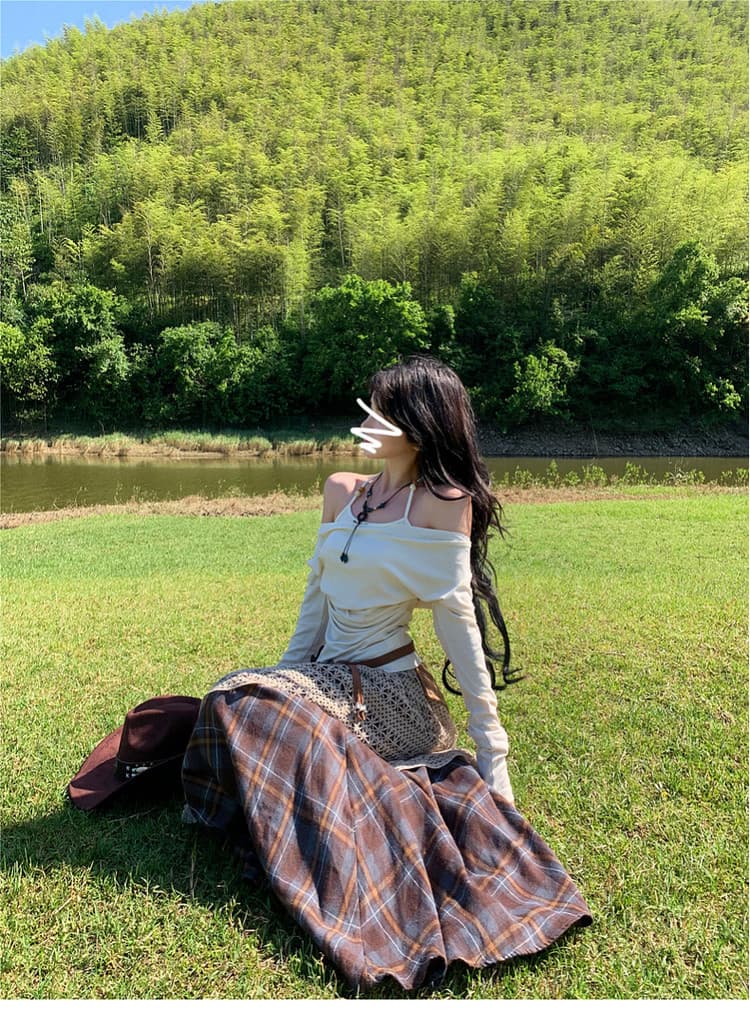 운남 리장 신강 초원 여행 착용 가져 가라. 여성 가을 겨울 보헤미안 민족 스타일 레트로 체크무늬 롱 스커트 세트 상세 이미지 12
