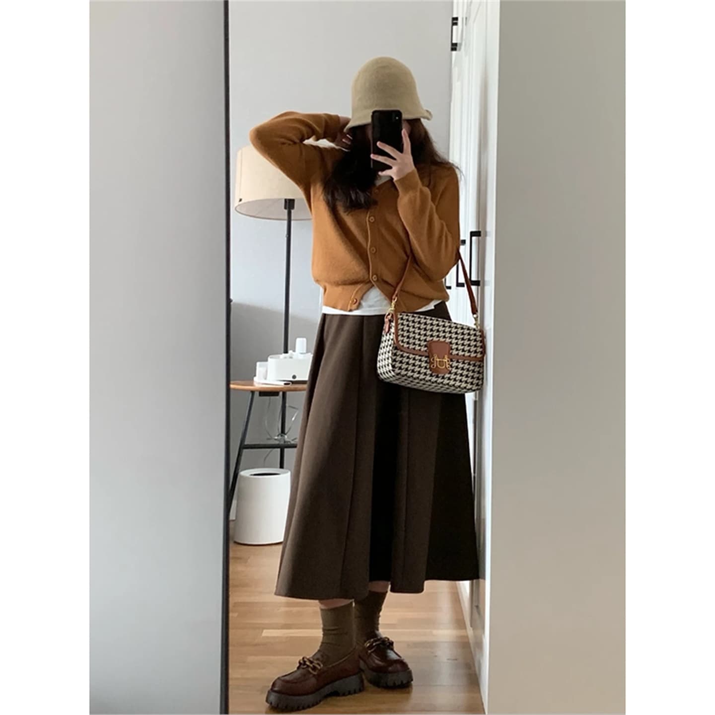 모직 반신 스커트 여성 가을 겨울 다용도 품격 슬림해 보이는 표지 넓적 다리 하이웨이스트 도루 센스 한 마디 중간 길이 커피 색상 우산 치마 이미지 2