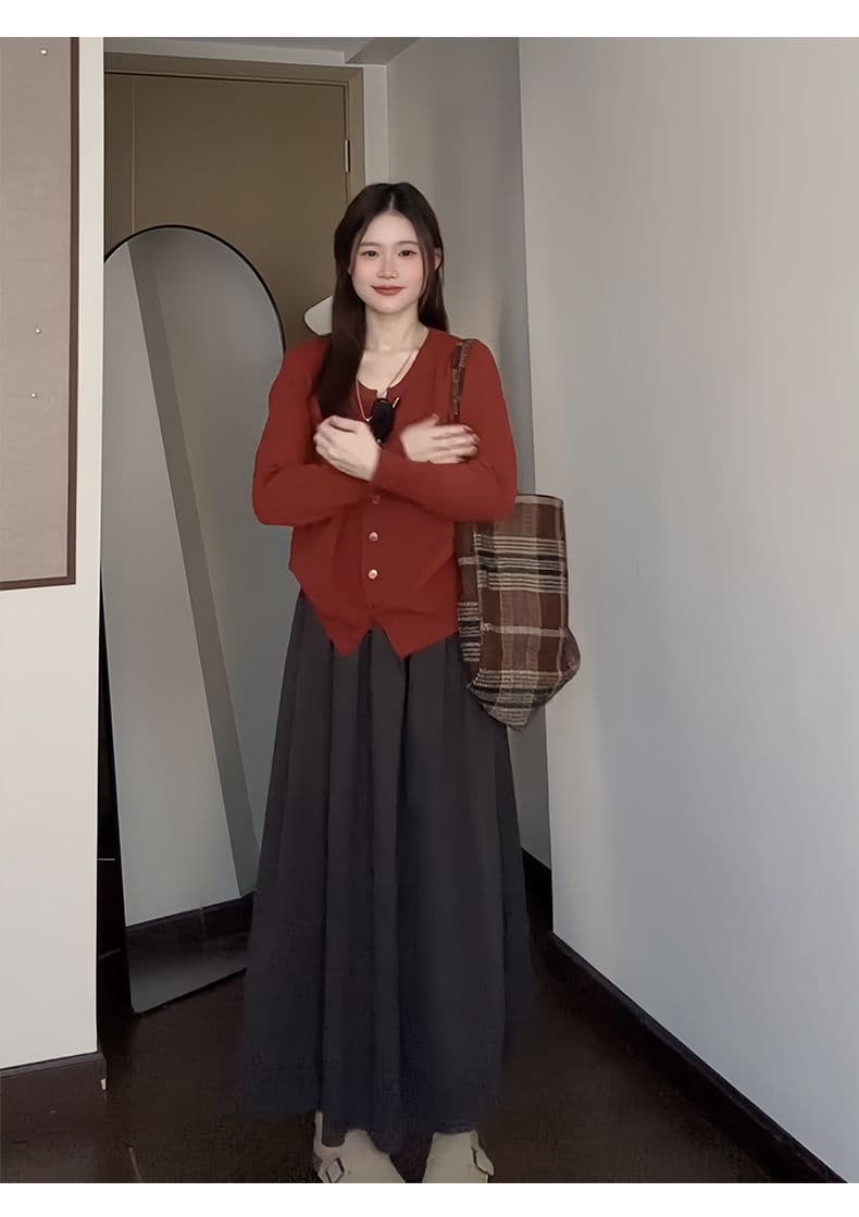 커피 색상 모직 반신 스커트 여성 봄 가을 겨울 2026 새로운 중간 길이 하이웨이스트 한 마디 우산 치마 작은 키 플리츠 스커트 상세 이미지 2