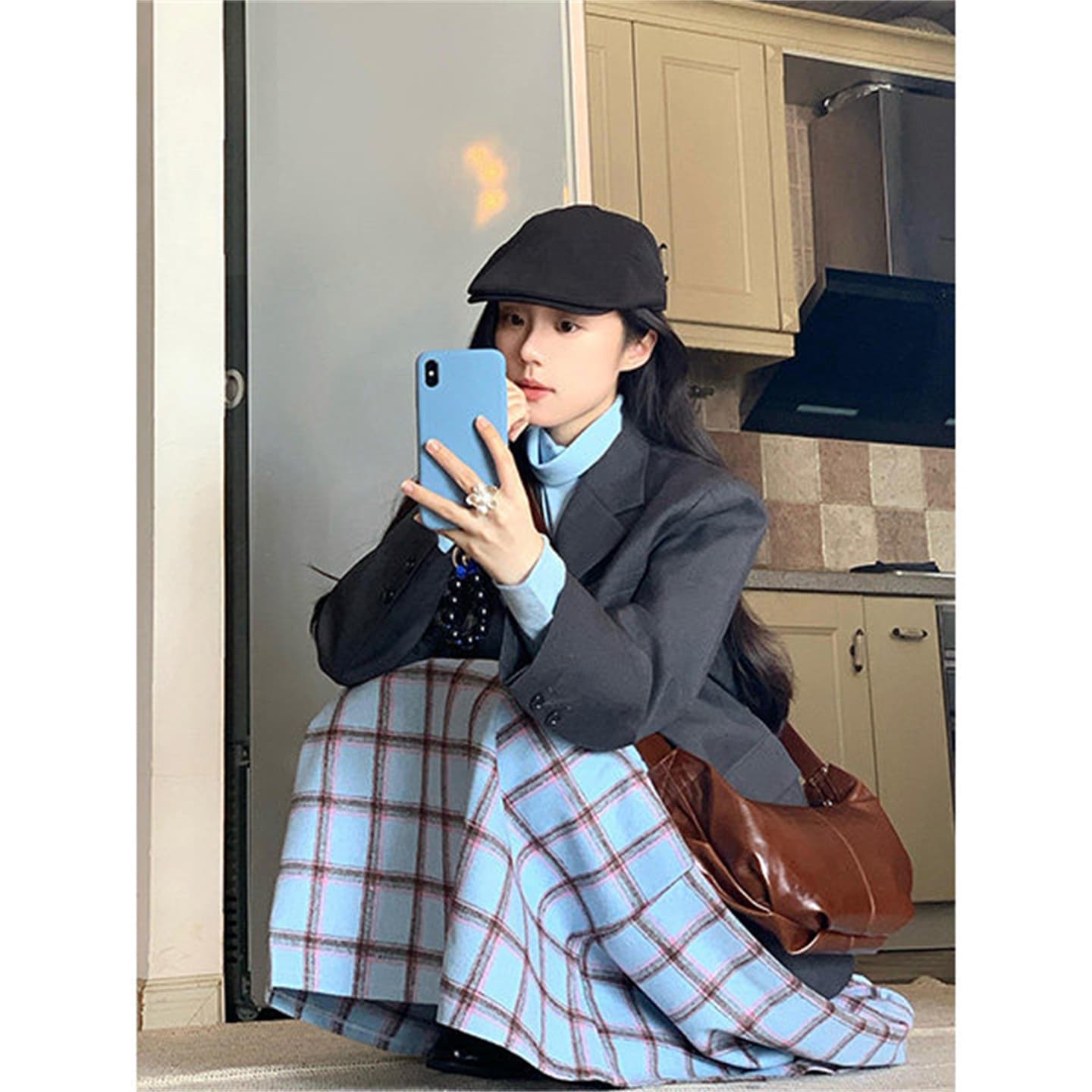 일본식 레트로 파란색 체크무늬 리 벨벳 반신 스커트 여성 가을 겨울 학원 스타일 품격 고급 센스 플리츠 스커트 이미지 5