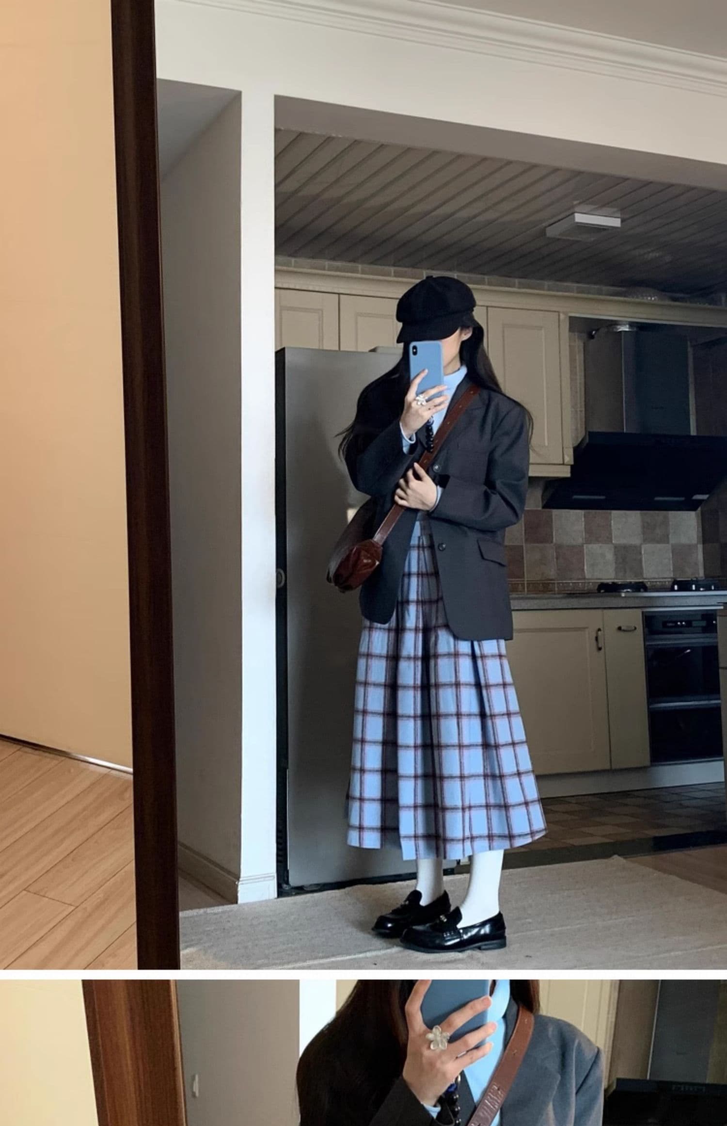 일본식 레트로 파란색 체크무늬 리 벨벳 반신 스커트 여성 가을 겨울 학원 스타일 품격 고급 센스 플리츠 스커트 상세 이미지 2