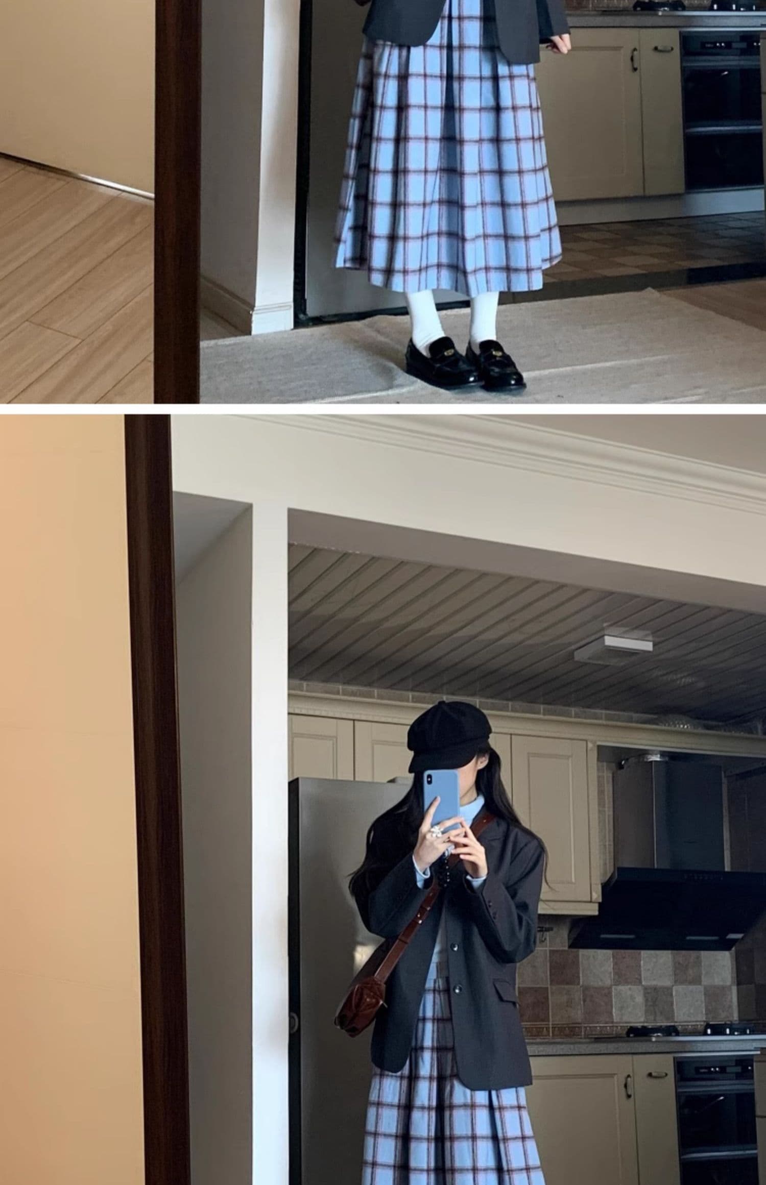 일본식 레트로 파란색 체크무늬 리 벨벳 반신 스커트 여성 가을 겨울 학원 스타일 품격 고급 센스 플리츠 스커트 상세 이미지 6