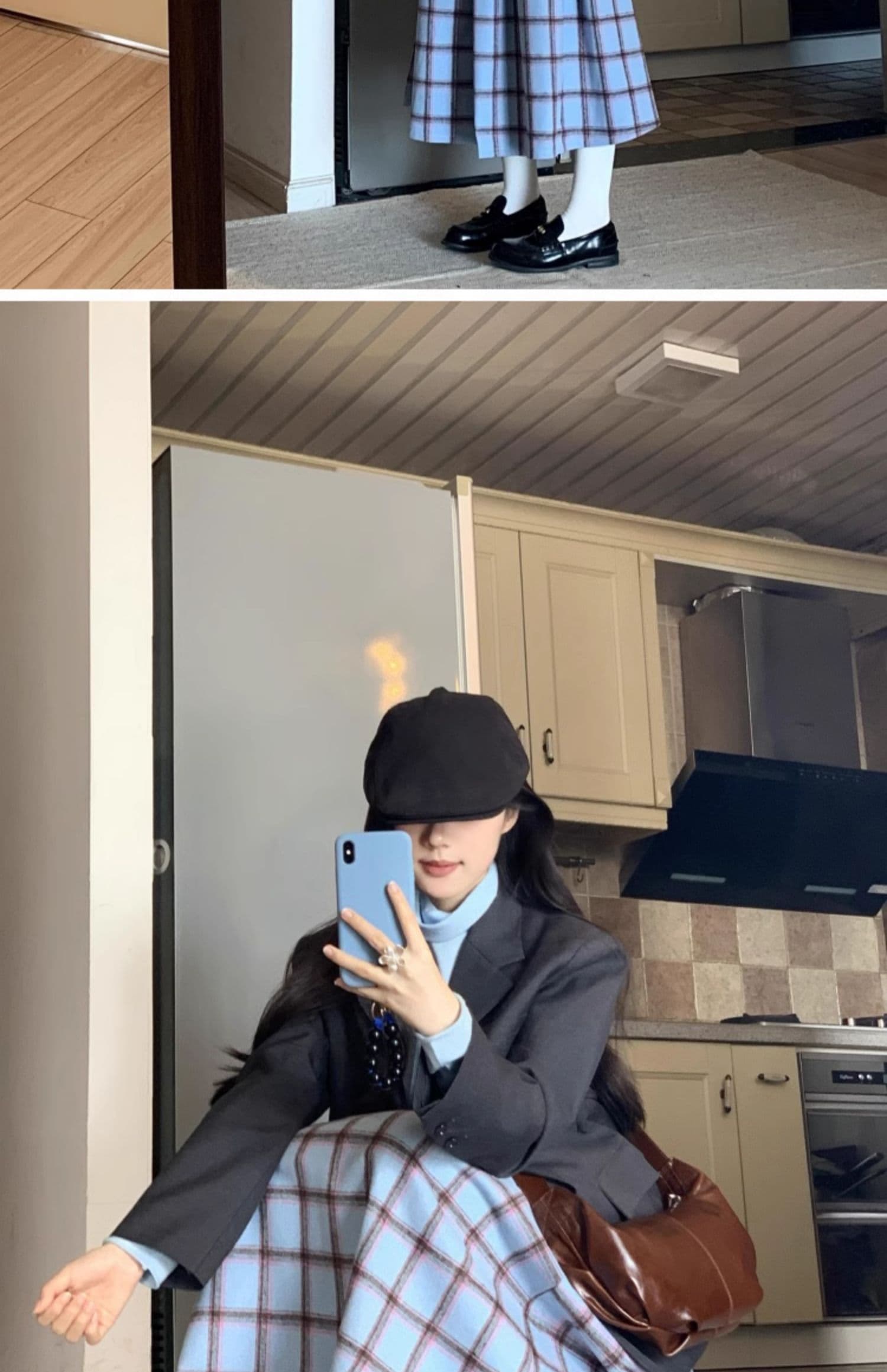 일본식 레트로 파란색 체크무늬 리 벨벳 반신 스커트 여성 가을 겨울 학원 스타일 품격 고급 센스 플리츠 스커트 상세 이미지 7