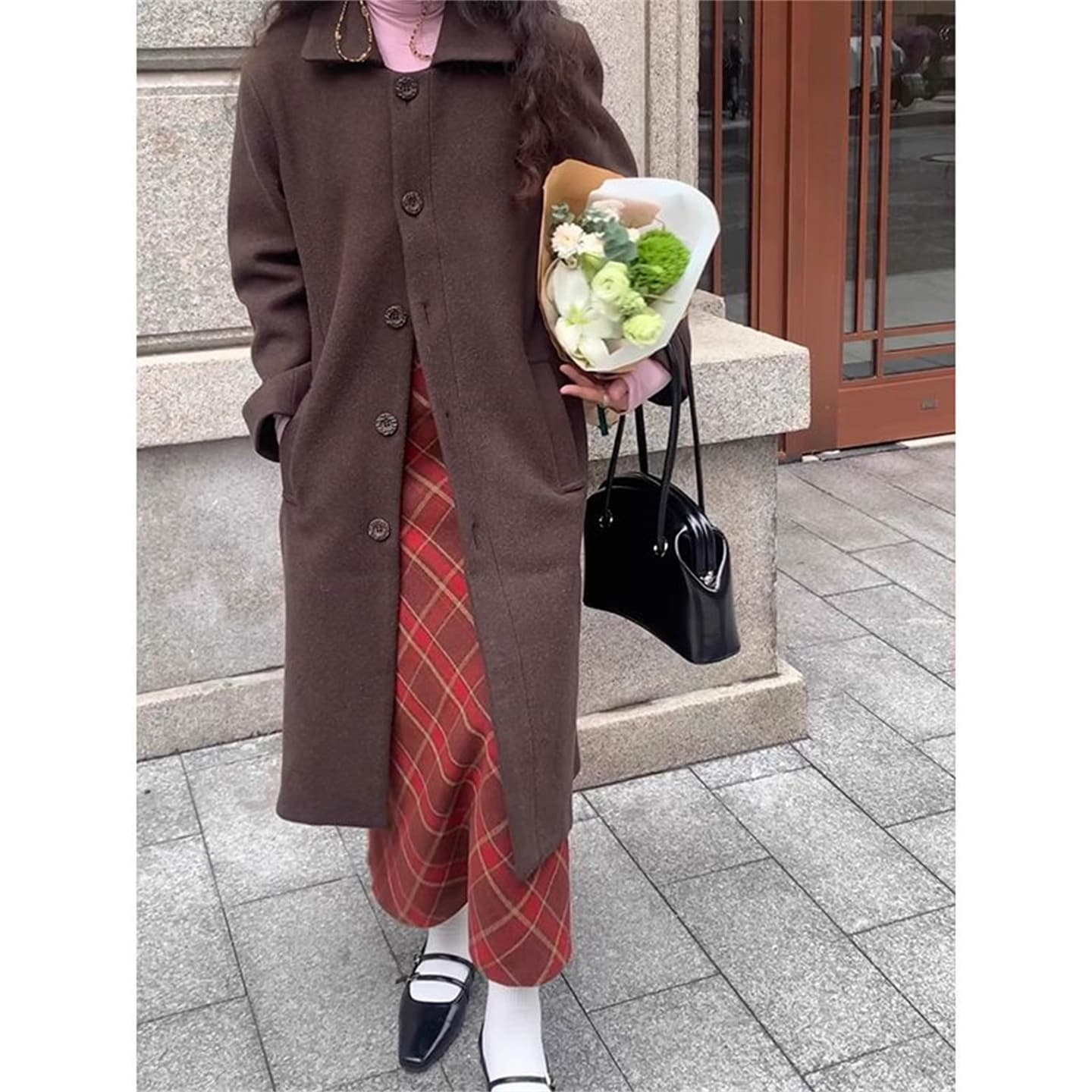품격 레트로 앤 코라 빨간색 체크무늬 모직 반신 스커트 여성 가을 겨울 새로운 하이웨이스트 슬림해 보이는 한 마디 중간 길이 스커트