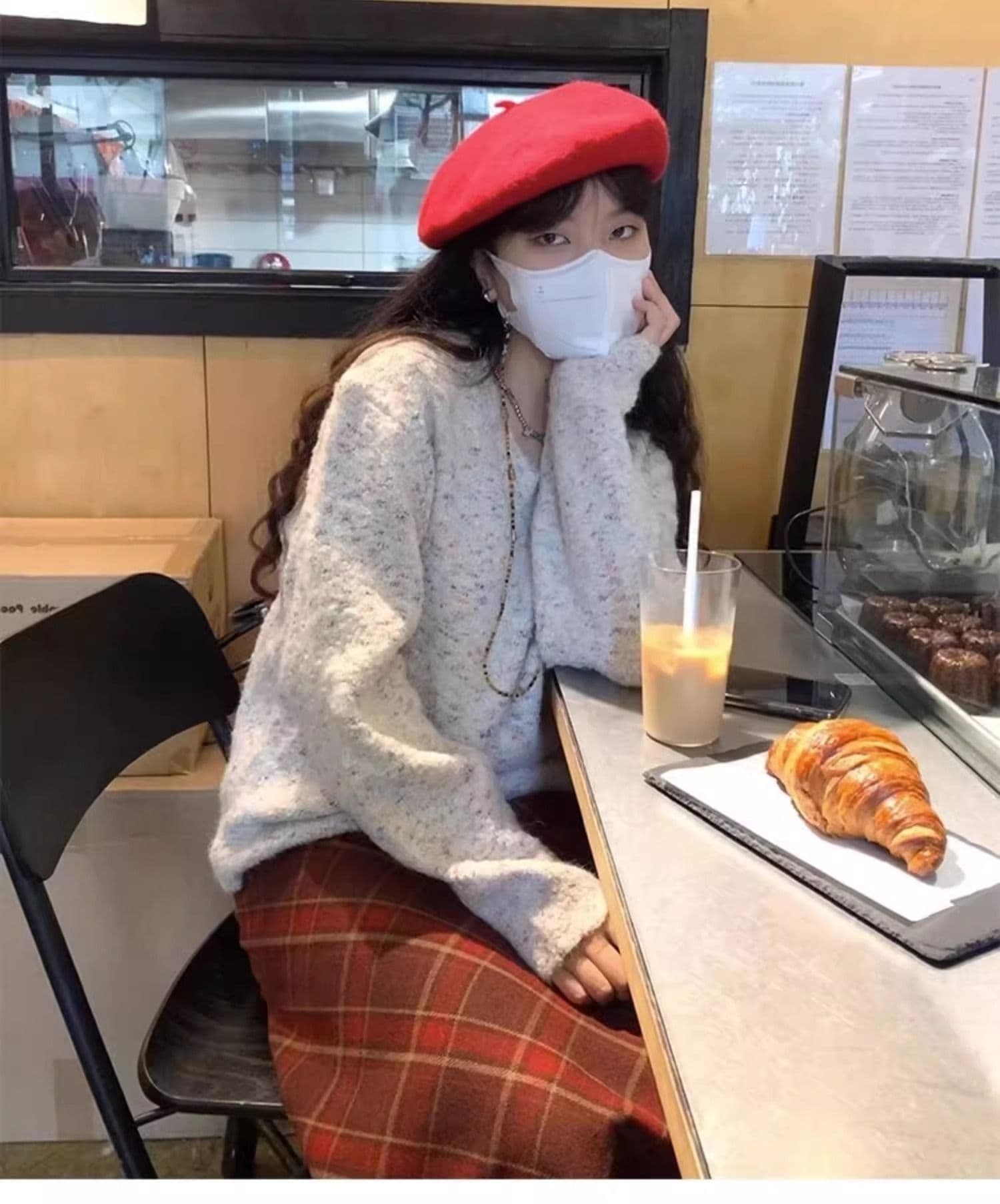 품격 레트로 앤 코라 빨간색 체크무늬 모직 반신 스커트 여성 가을 겨울 새로운 하이웨이스트 슬림해 보이는 한 마디 중간 길이 스커트 상세 이미지 5