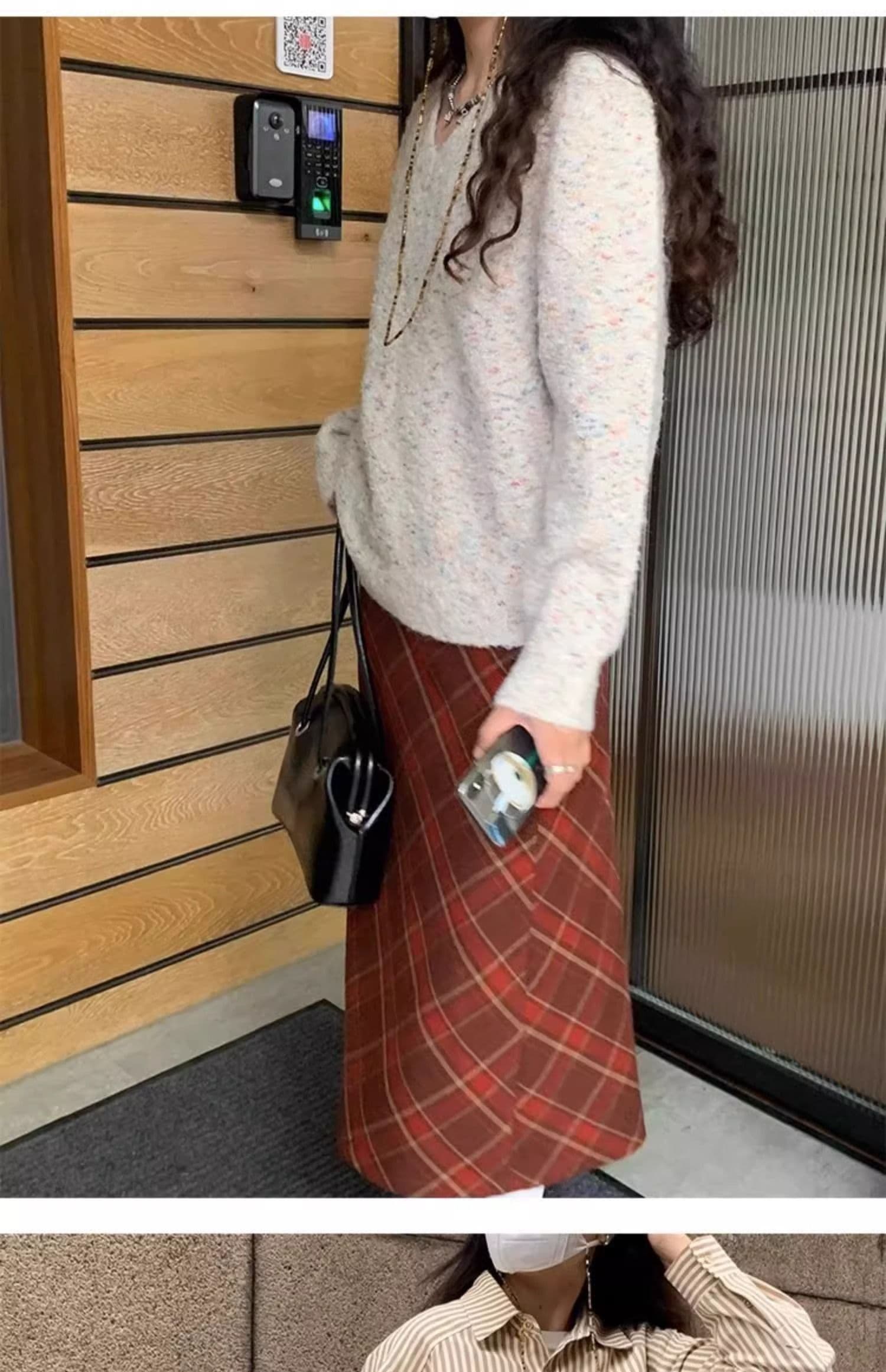 품격 레트로 앤 코라 빨간색 체크무늬 모직 반신 스커트 여성 가을 겨울 새로운 하이웨이스트 슬림해 보이는 한 마디 중간 길이 스커트 상세 이미지 10