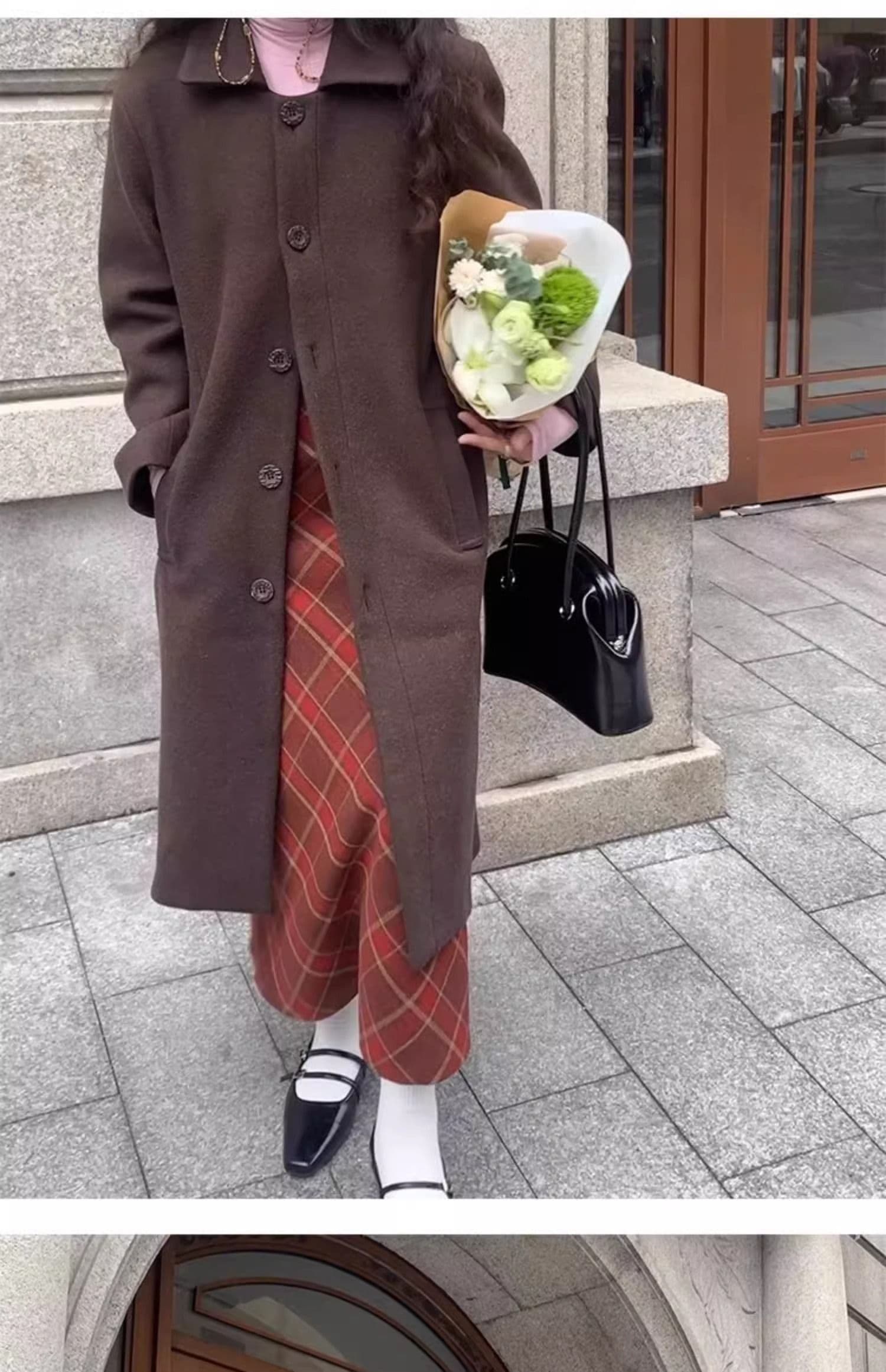 품격 레트로 앤 코라 빨간색 체크무늬 모직 반신 스커트 여성 가을 겨울 새로운 하이웨이스트 슬림해 보이는 한 마디 중간 길이 스커트 상세 이미지 16