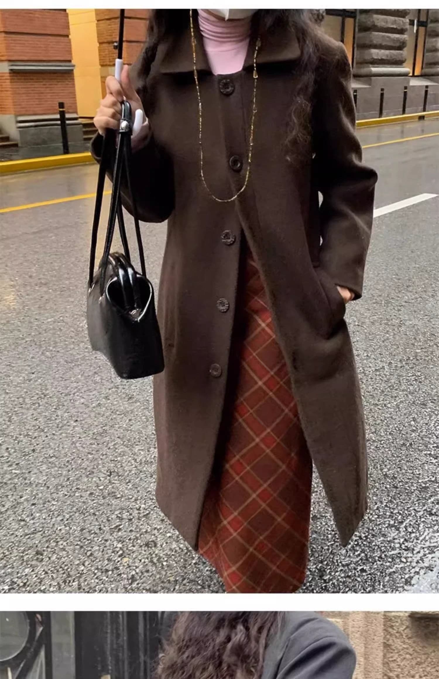 품격 레트로 앤 코라 빨간색 체크무늬 모직 반신 스커트 여성 가을 겨울 새로운 하이웨이스트 슬림해 보이는 한 마디 중간 길이 스커트 상세 이미지 24