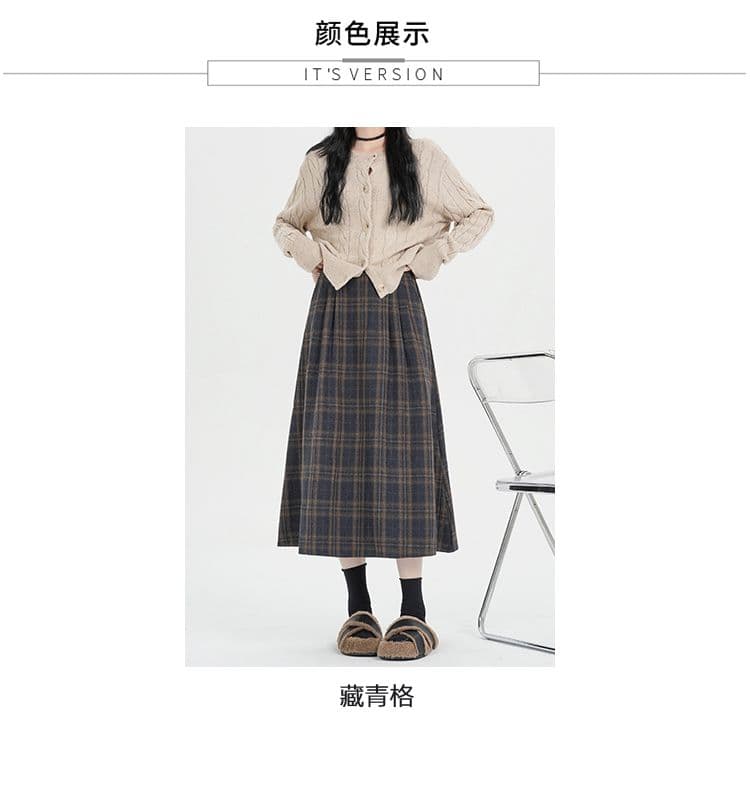 레트로 모직 체크무늬 반신 스커트 여성 가을 겨울철 아메리칸 중간 길이 플리츠 스커트 작은 키 한 마디 체크무늬 치마 상세 이미지 9